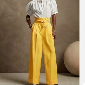 Banana Republic Bright Yellow Wide Leg Cuffed Belted Paper Bag Waist Pants
